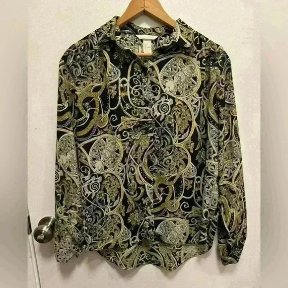 H&M Women Blouse Top Black Gold Floral Geometric Button Collar Long Sleeve US 4 - Picture 1 of 12